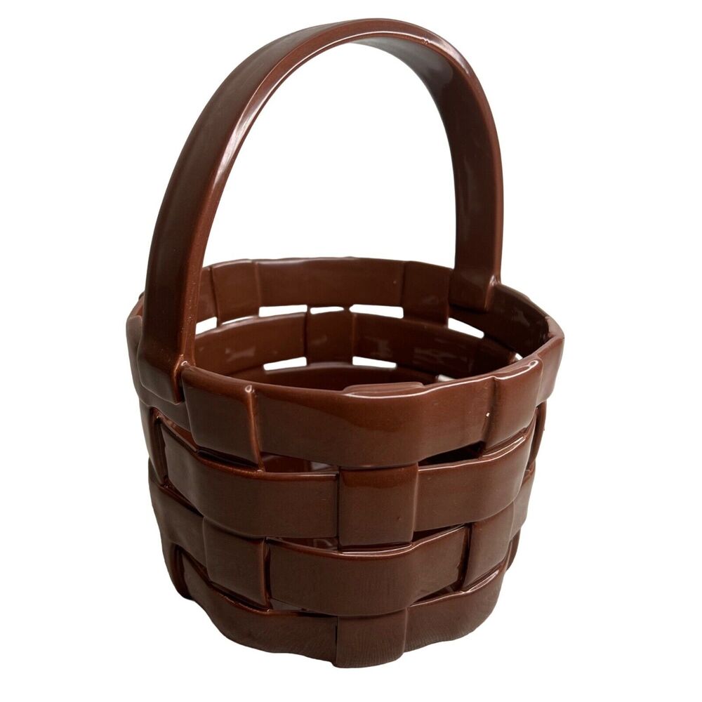 Vintage Italian Woven Ceramic Cache Pot Brown Basketweave Planter Basket Italy